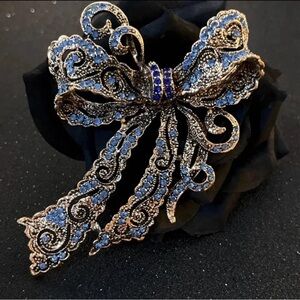 Elegant Blue and Silver Bow Brooch Metal Base